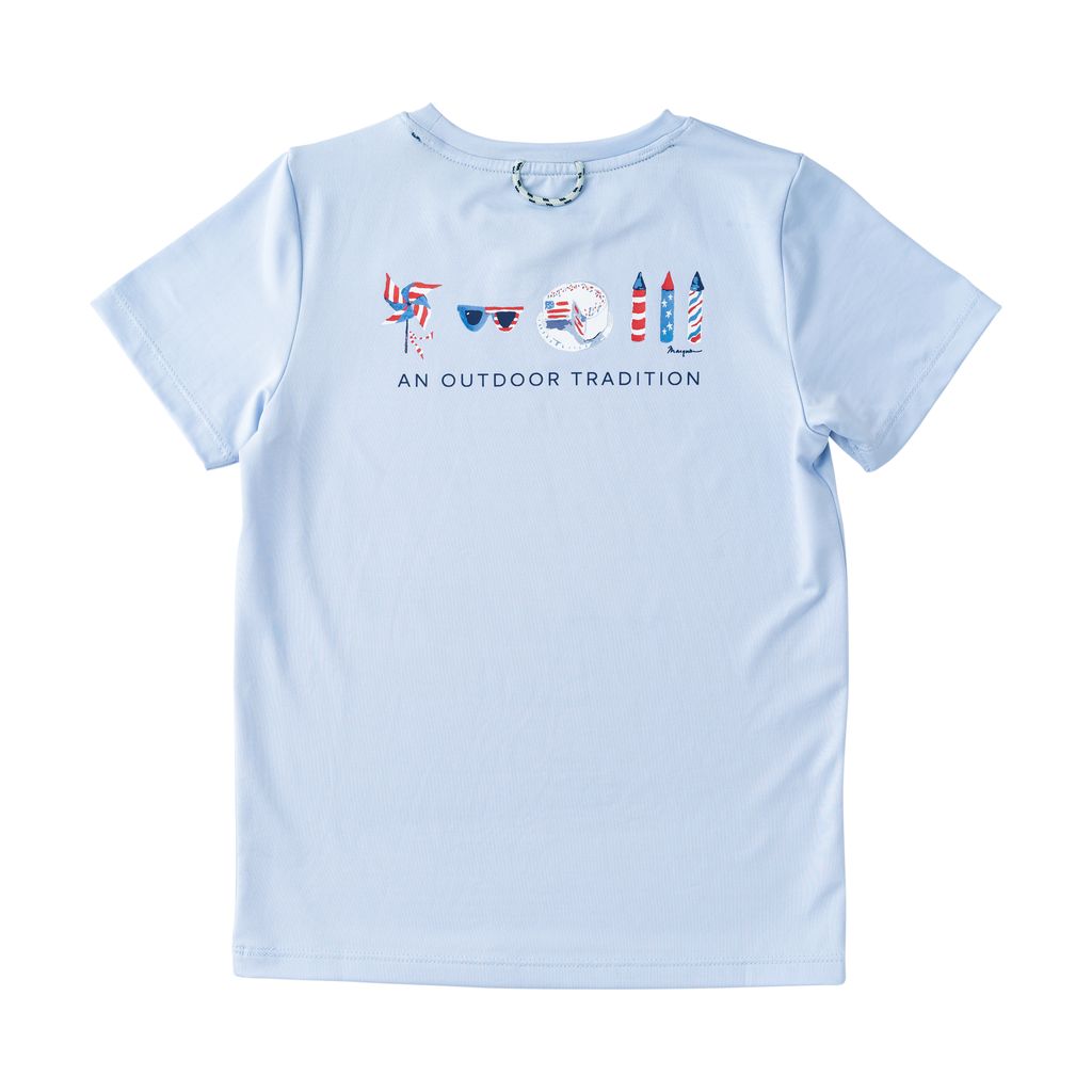 Light blue short sleeve tshirt with a fourth of July design on the back.