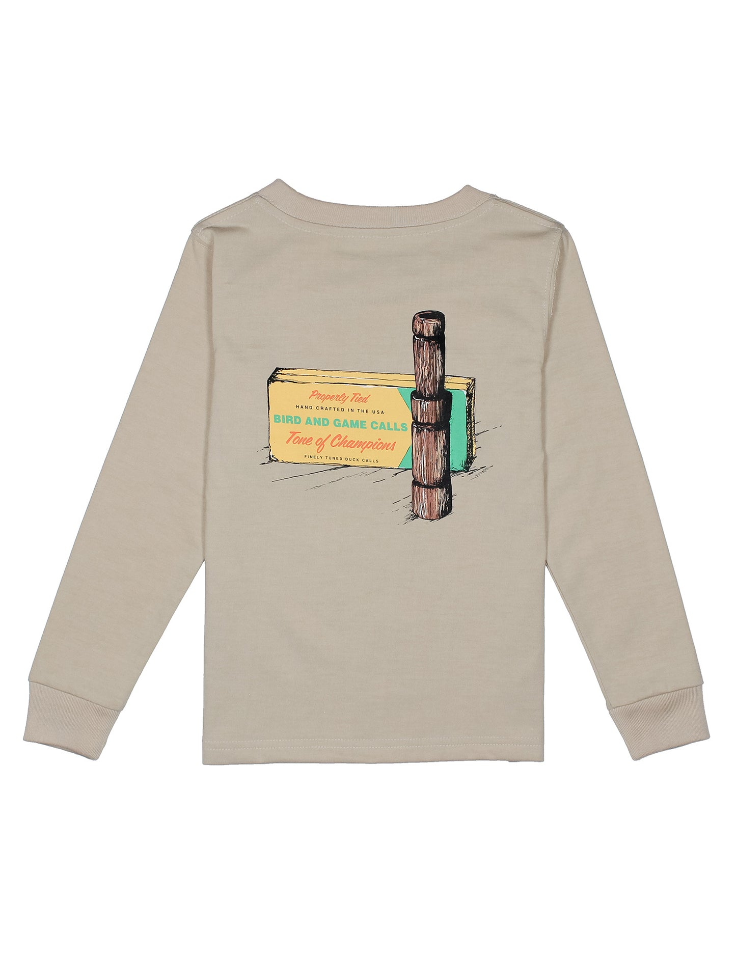 Beige long-sleeve shirt with a graphic design on the back against a white background