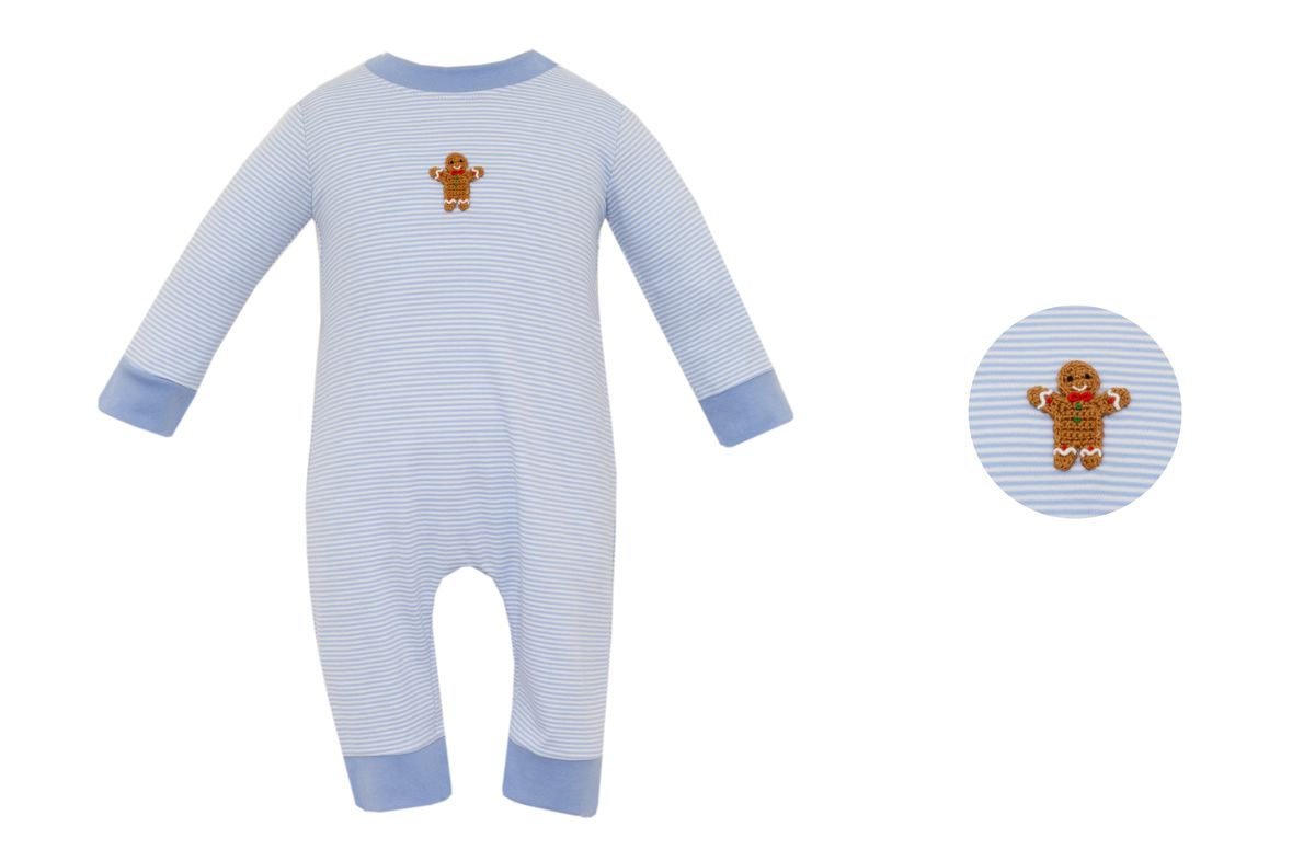 GINGERBREAD BOY´S - Lt.Blue stripe knit boy´s long romper