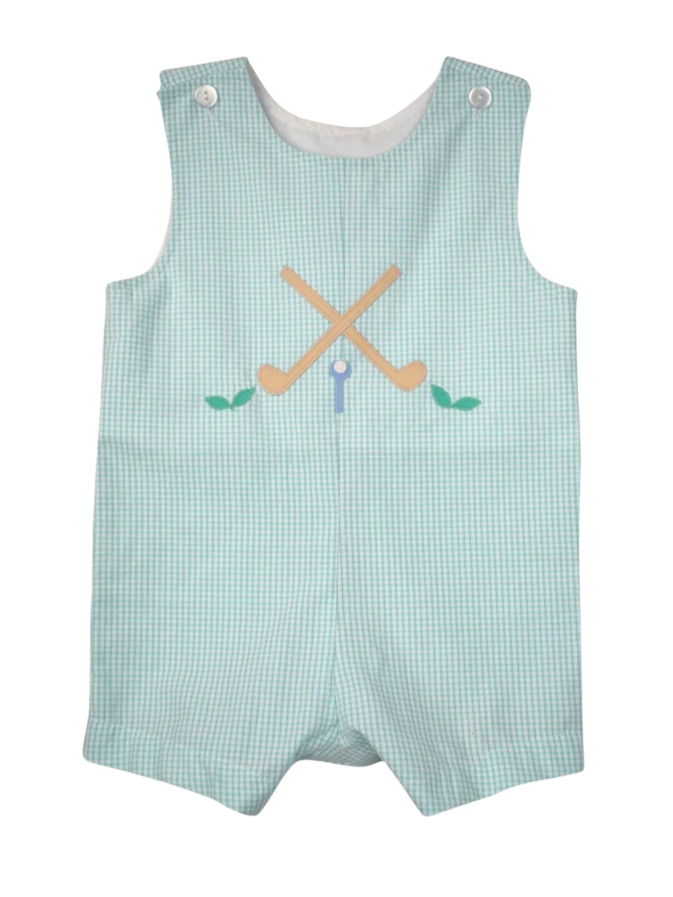 Pale green mini check sleeveless shortall with golf club applique.