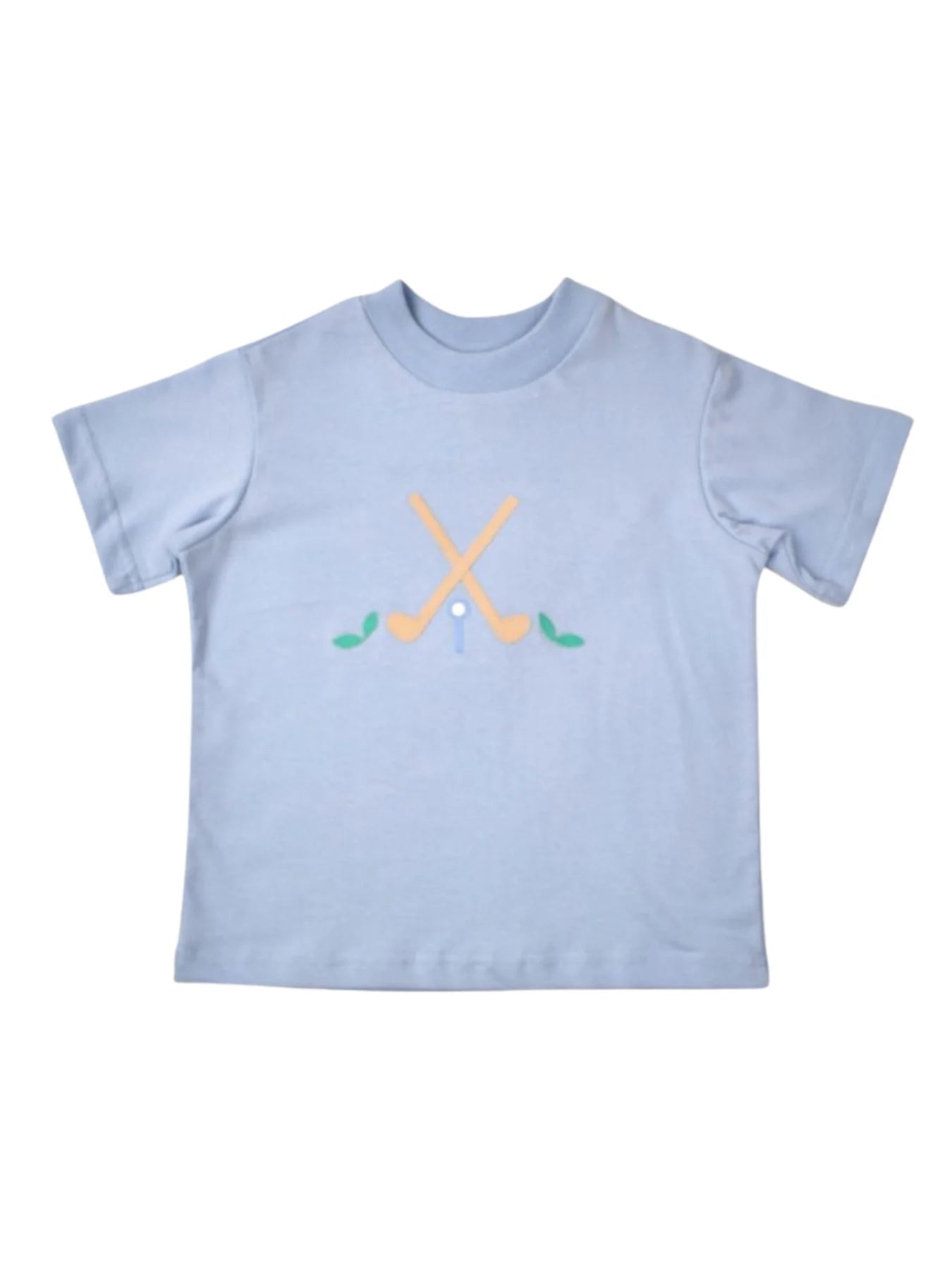 Light blue short sleeved tee shirt with a golf club applique.