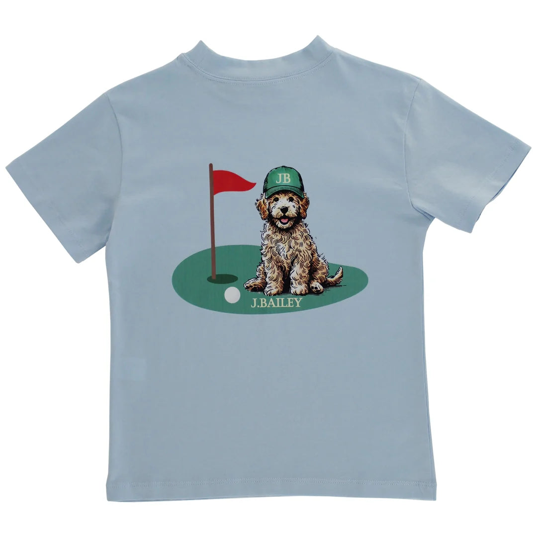 Light blue t-shirt with a dog and golf graphic