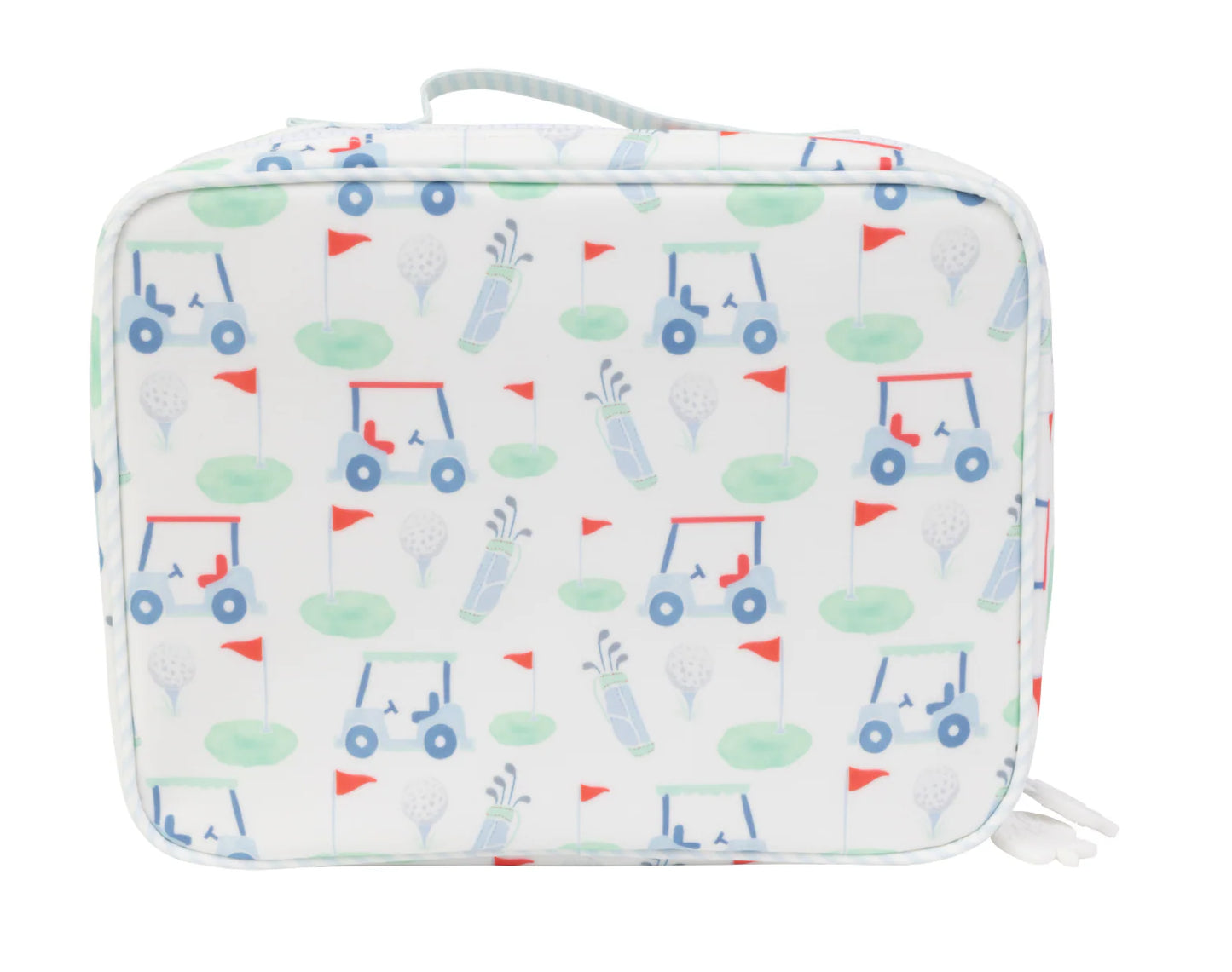 Children's lunch bag with golf-themed design on a white background