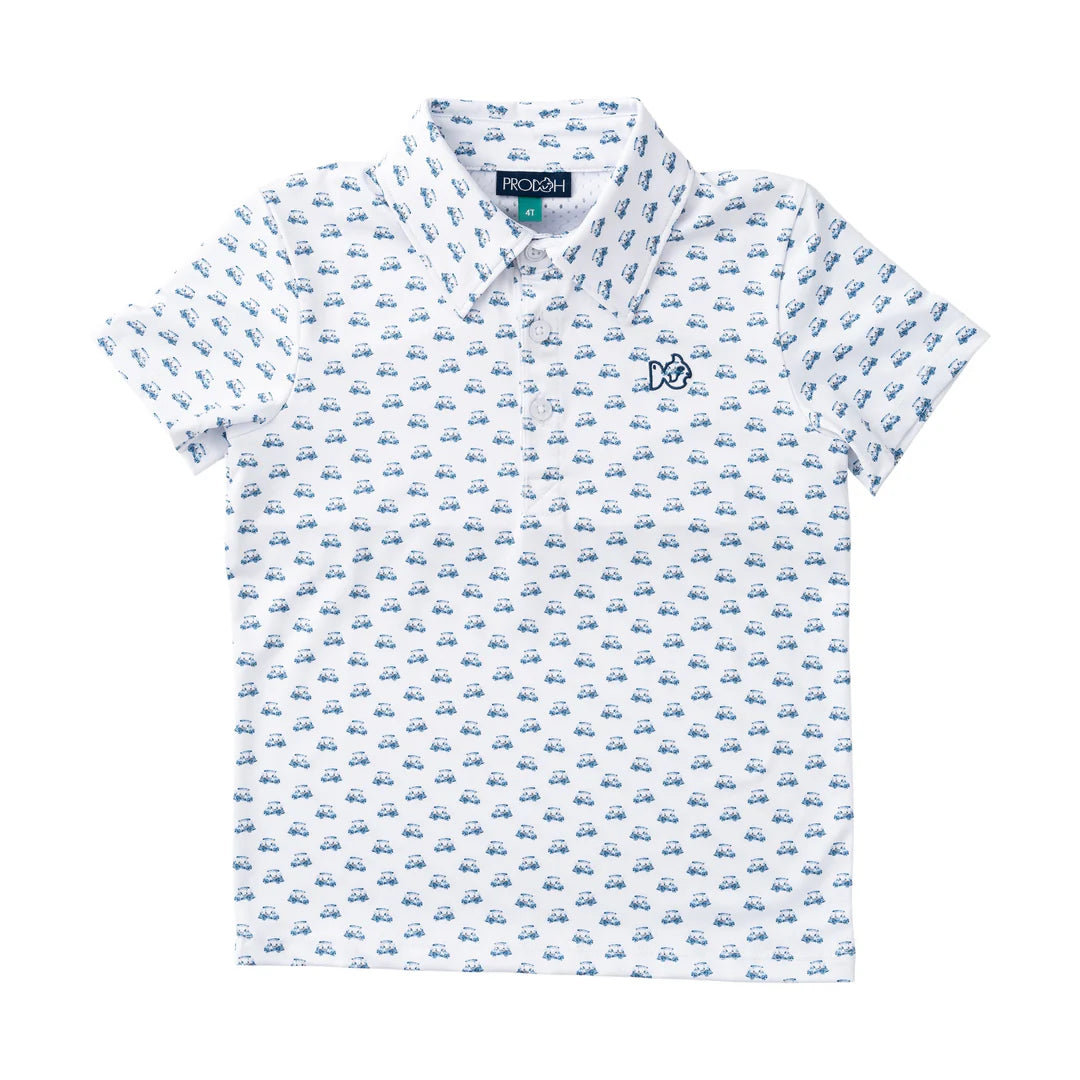 White polo shirt with golf cart pattern on a white background