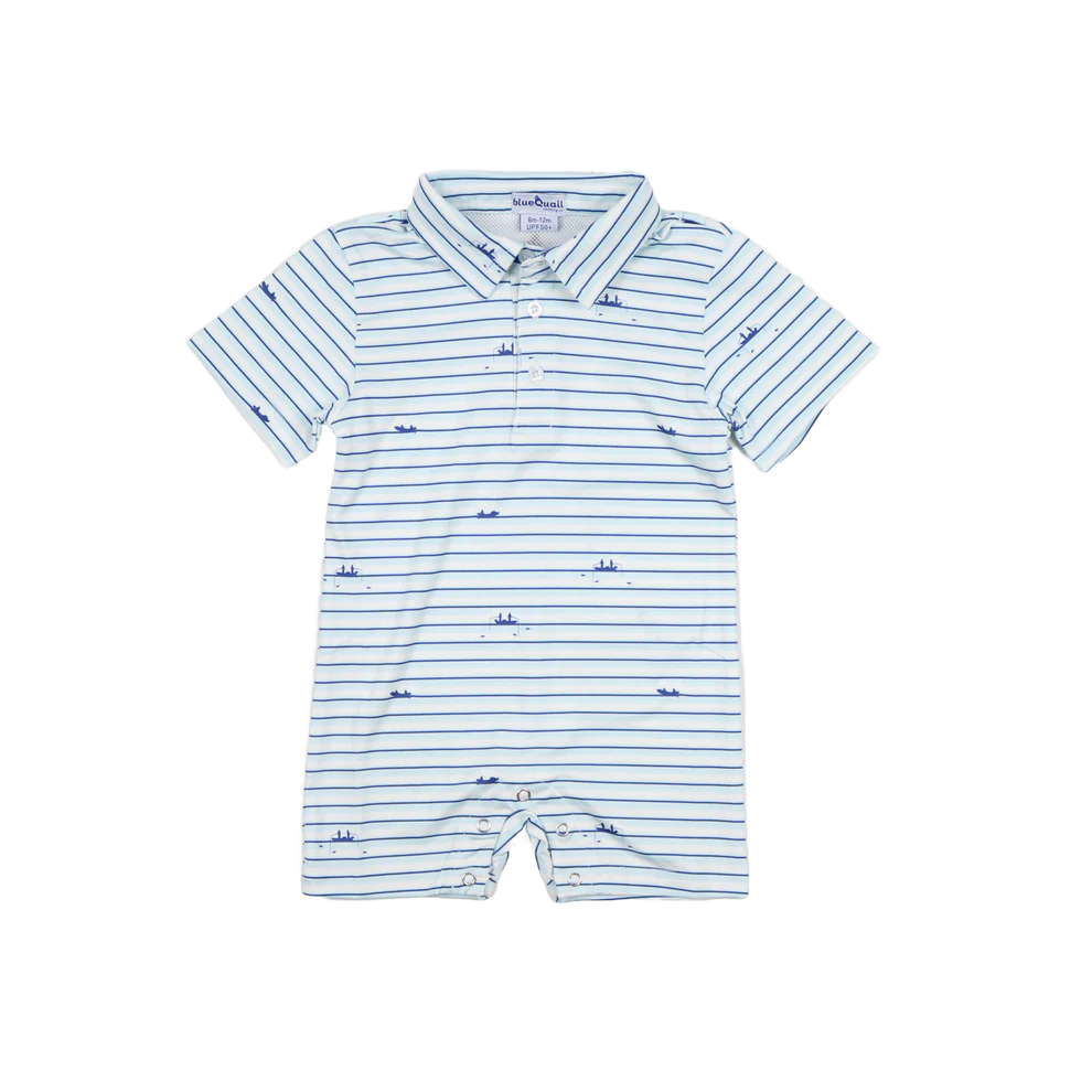 Blue and white striped short sleeve polo romper with a fishing boat design.