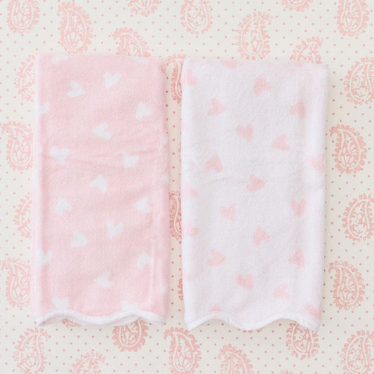 Patterned Scallop Hand Towels (pair) - Tossed Pink Hearts