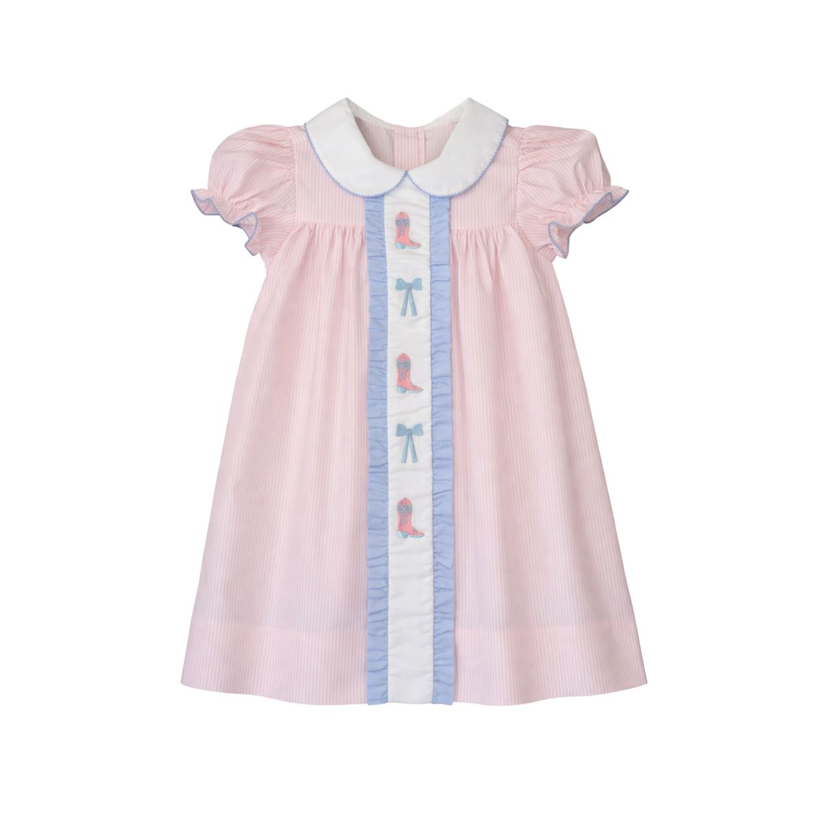 A pink baby dress with a white Peter Pan collar, short puff sleeves, and a vertical white placket decorated with a light blue ruffle, embroidered cowboy boots, and bow details.