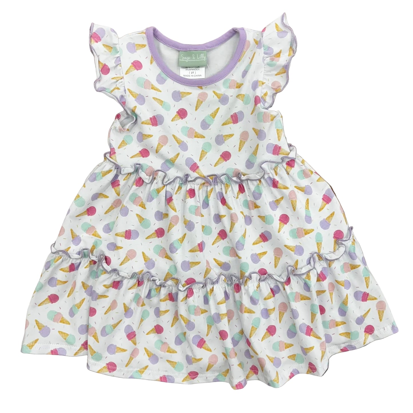 Ruffle dress with ice cream print and purple trim.