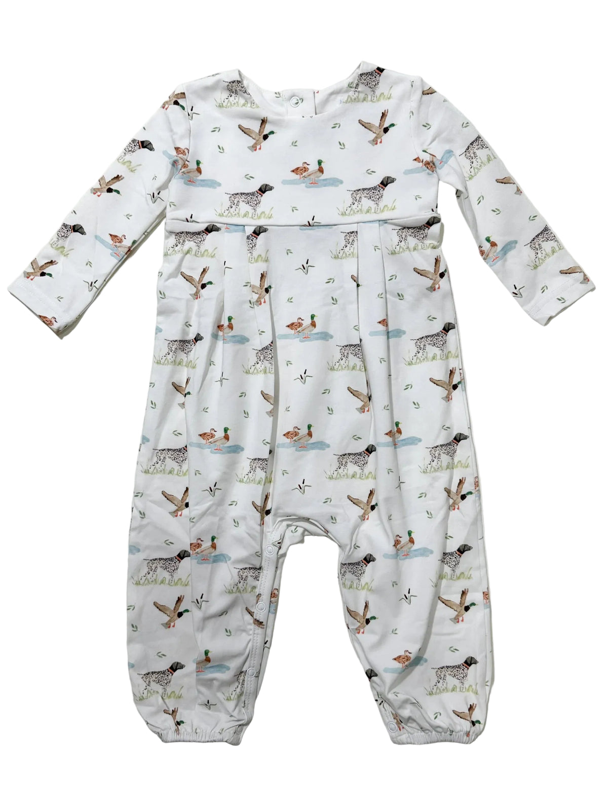 A baby long-sleeve footless romper with an all-over duck hunting print featuring ducks, dogs, and birds on a white background