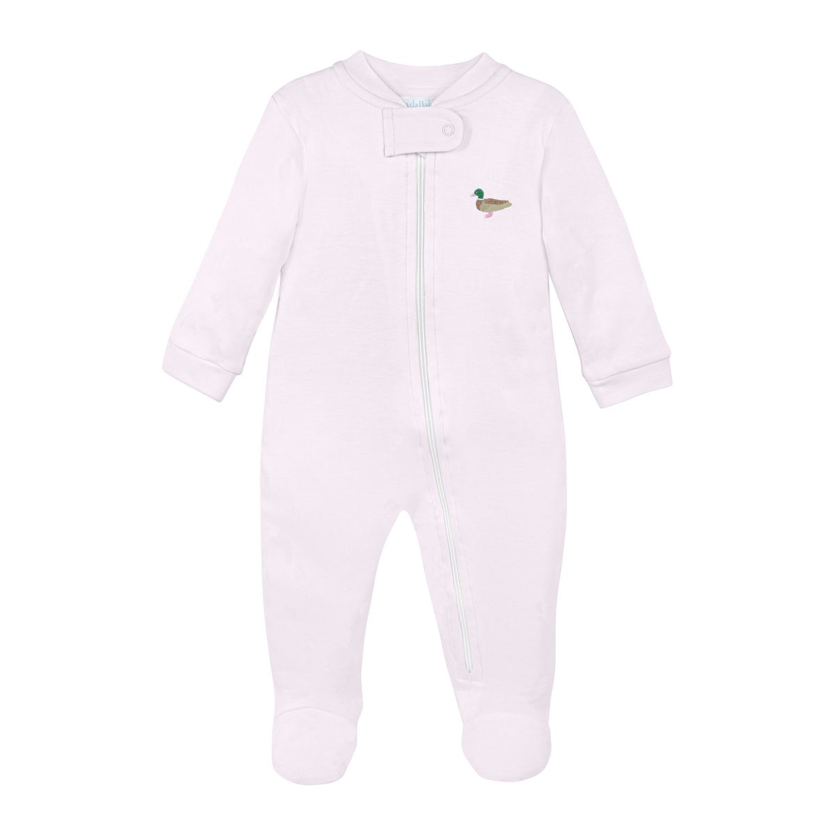 A light pink baby footed sleeper with a front zipper, snap closure at the neck, and a small embroidered duck on the left chest, shown against a plain white background.