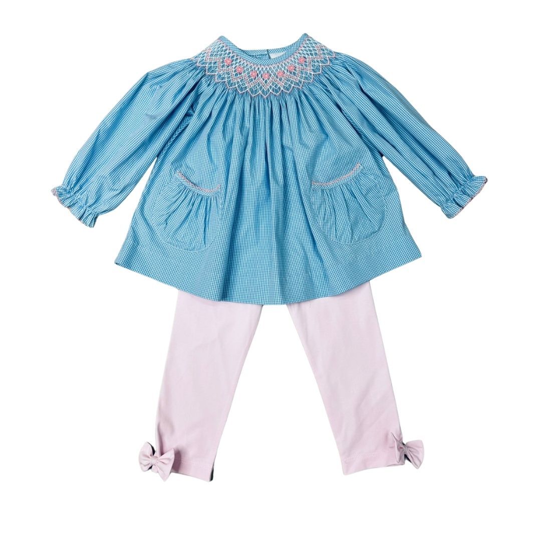 Smocked Blue White Check Pant Set