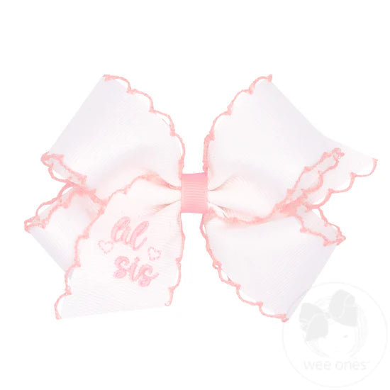 "Lil Sis" Embroidered Grosgrain Hair Bow with Light Pink Moonstitch Edge