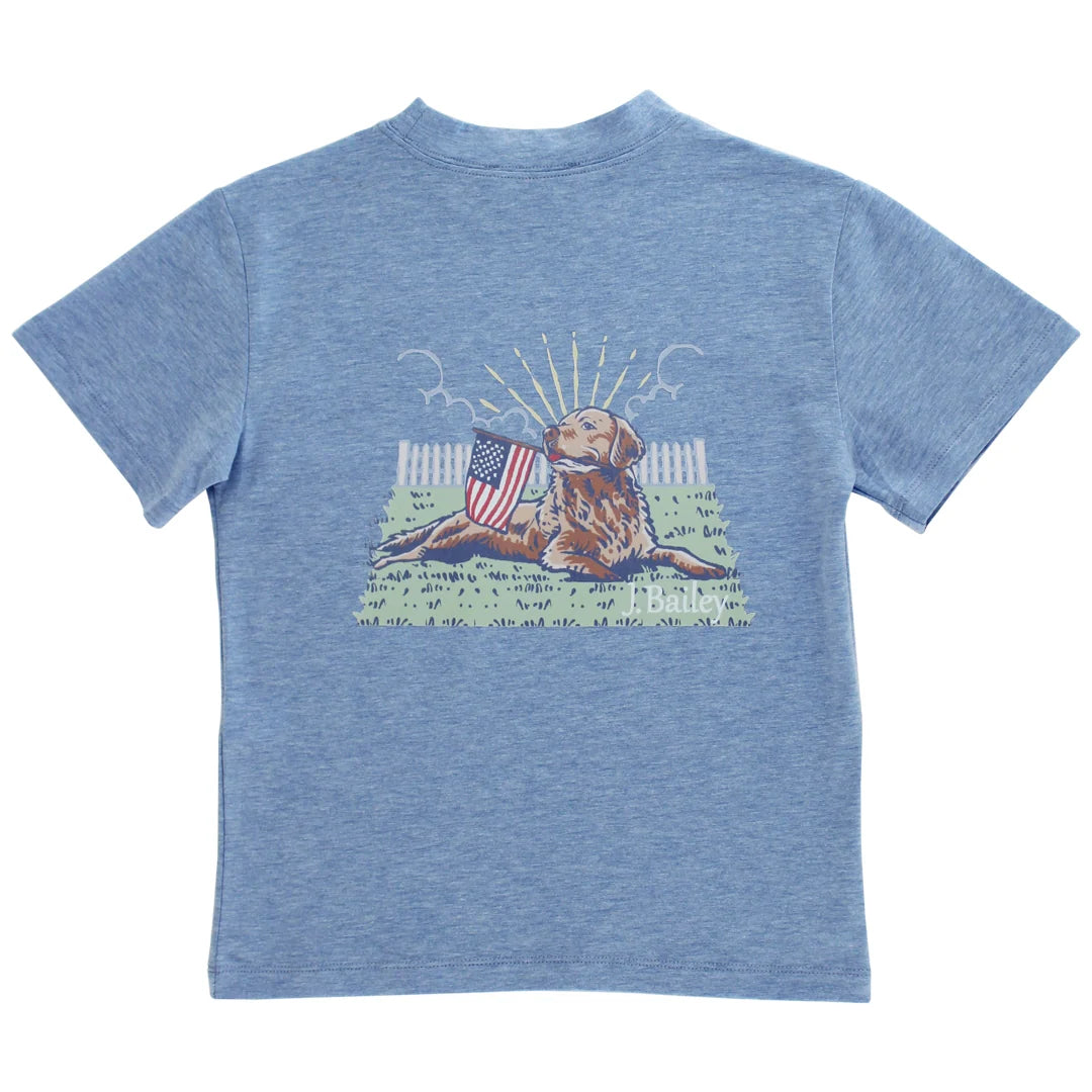 Blue t-shirt with a graphic of a dog holding an American flag