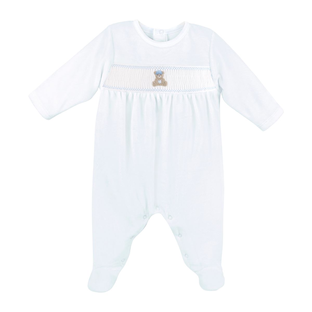 A blue long-sleeve baby footed romper with a smocked chest panel featuring a small embroidered teddy bear.