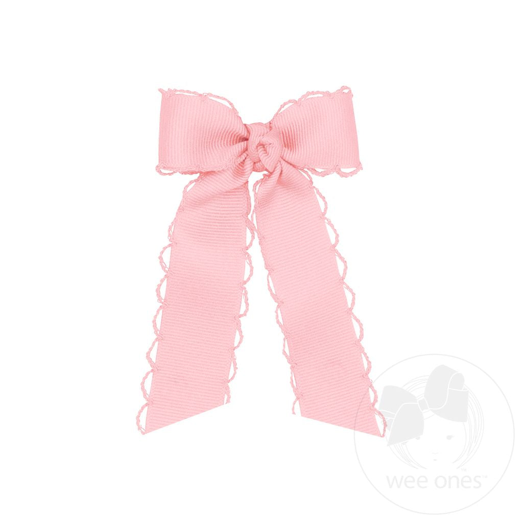Tiny Grosgrain Bowtie with Matching Moonstitch Edge, Knot Wrap and Streamer Tails - Light Pink