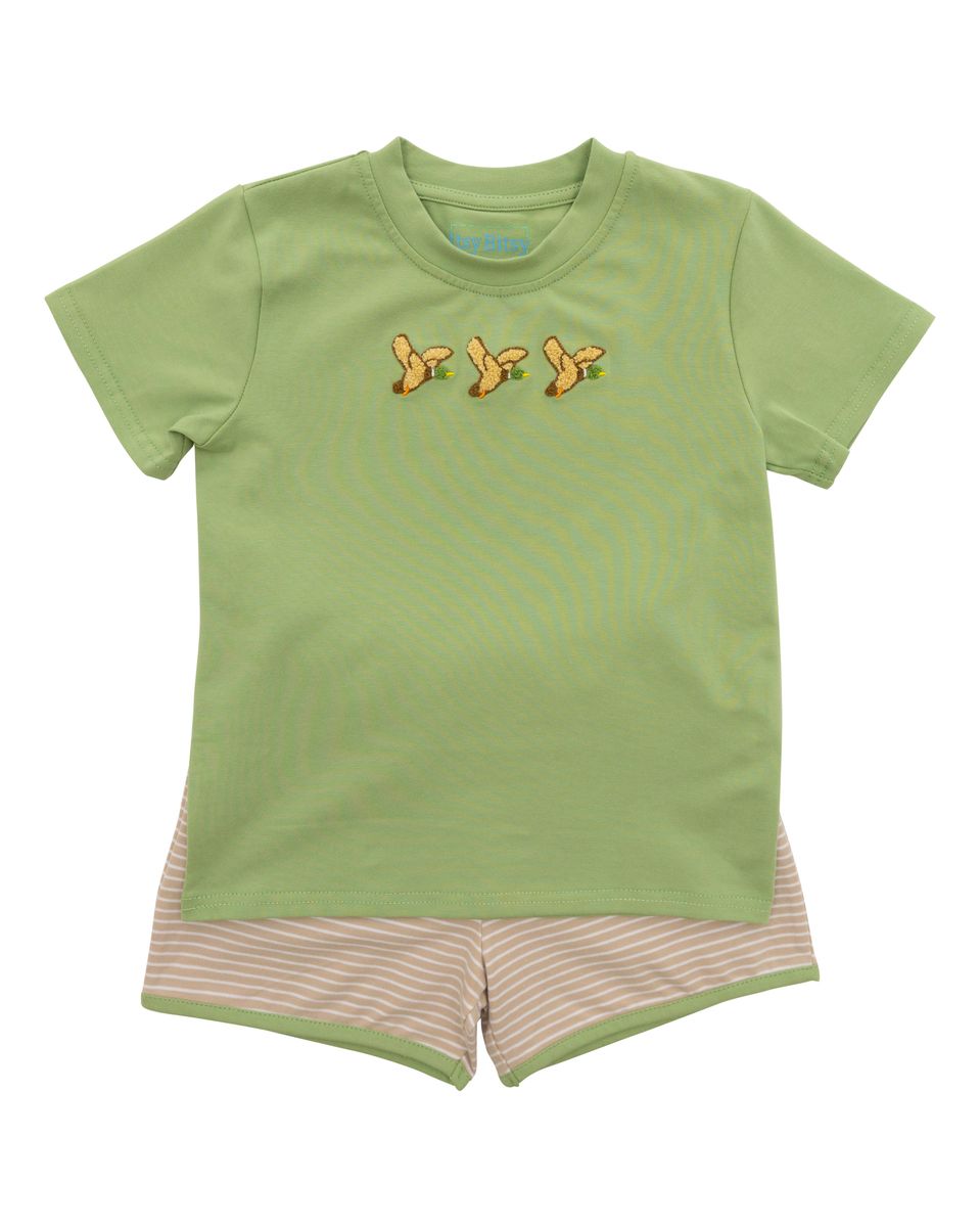 Green short set with embroidered ducks with tan and white striped shorts