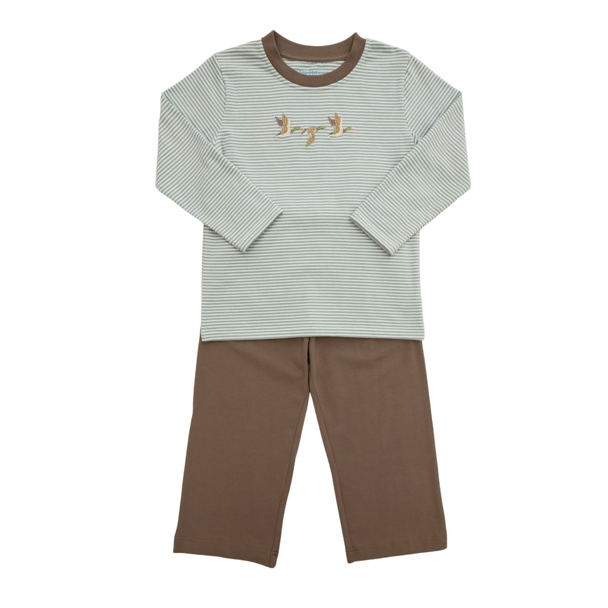 Two piece pant set with green striped shirt with ducks on chest with matching brown pants