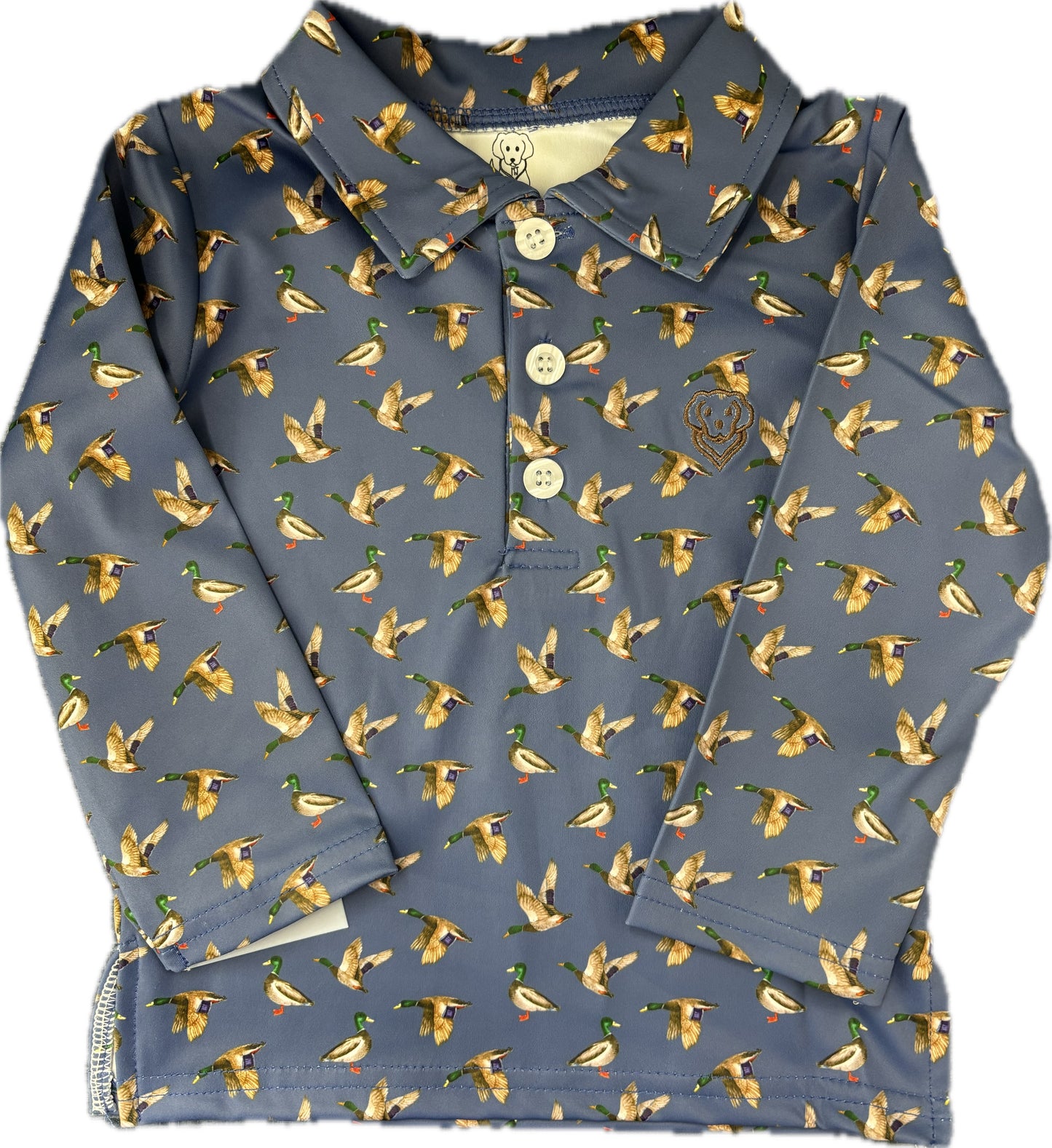 Blue long sleeve polo shirt with a mallard pattern.