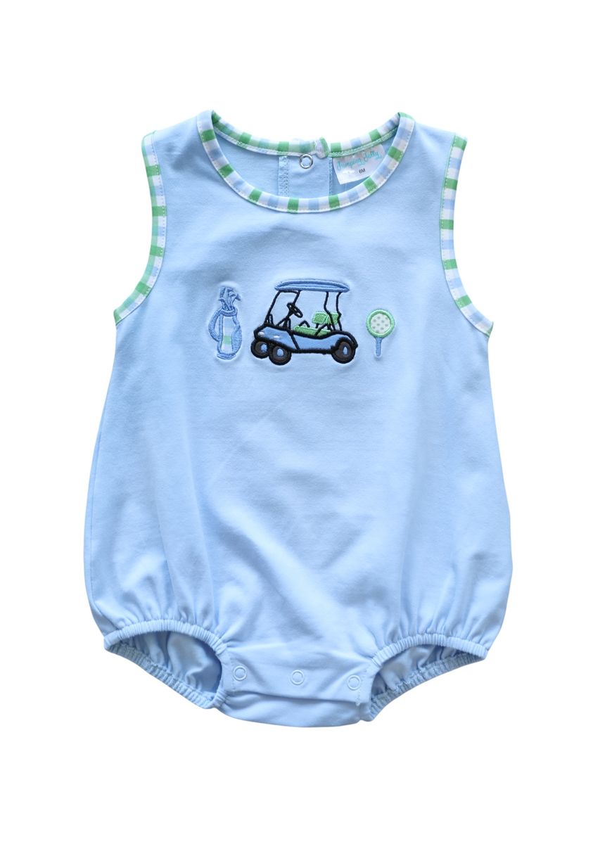 Light blue sleeveless romper with green and blue striped trim and a golf cart applique.