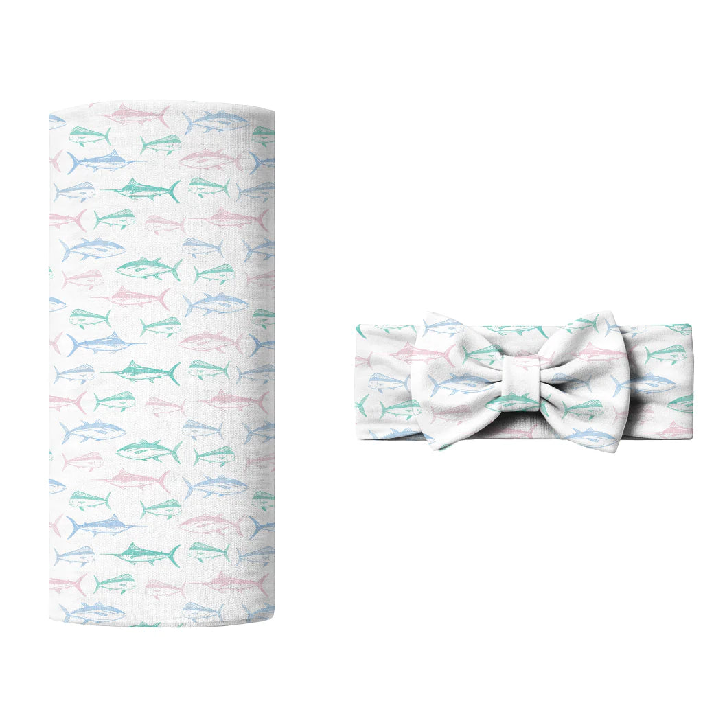 Bamboo bow and matching swaddle blanket with pink fish pattern