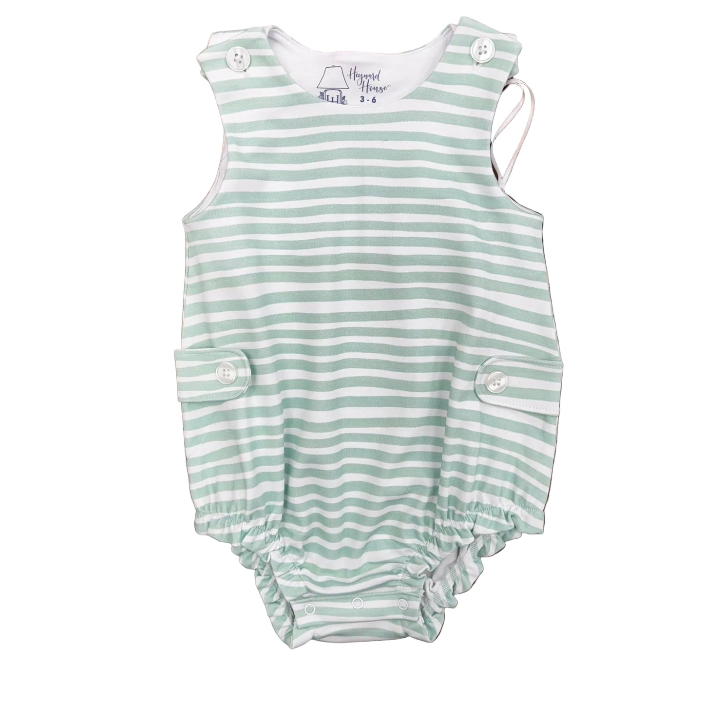 Sleeveless bubble with mint green stripes and buttoned tabs.