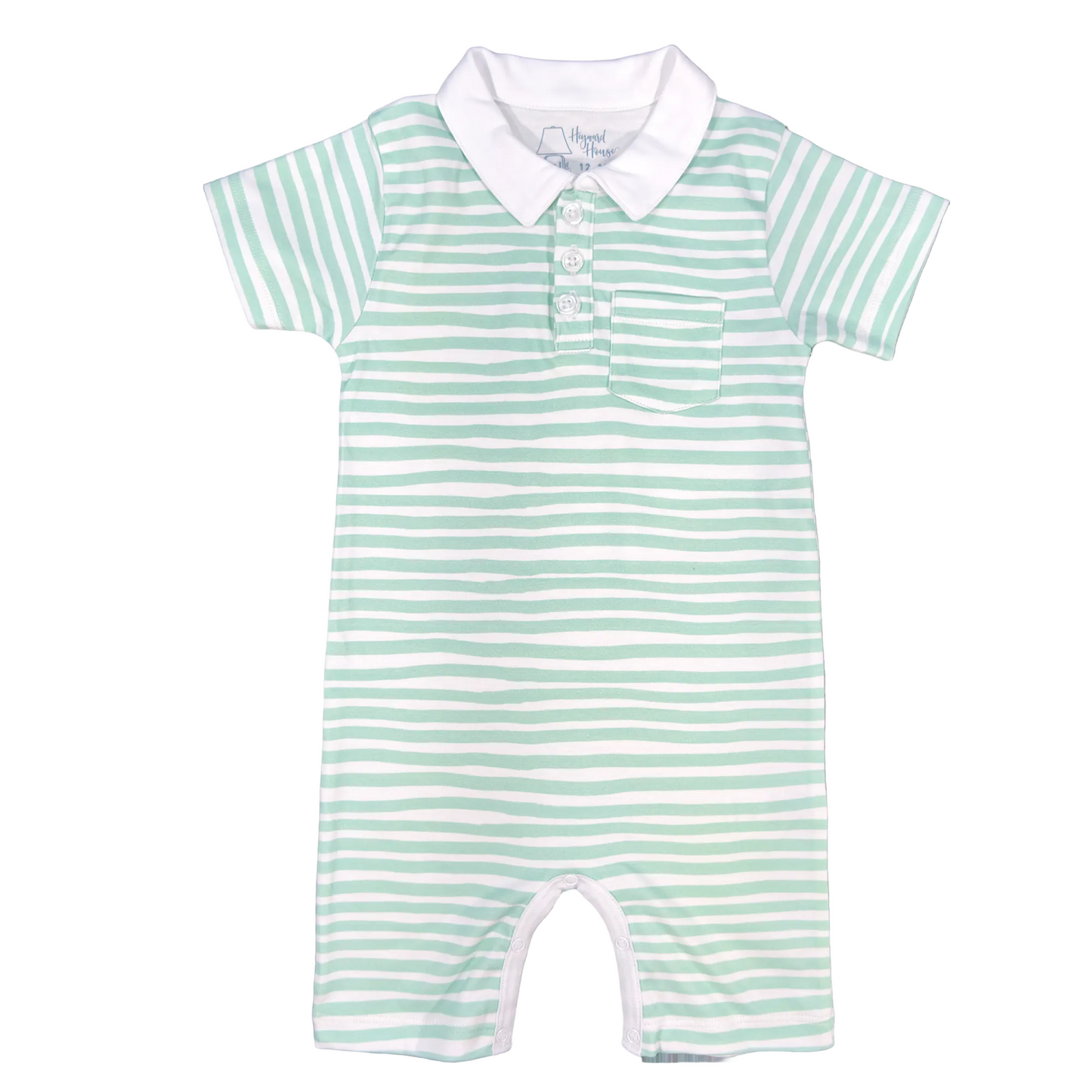 Short sleeve romper with mint green stripes and a white collar.