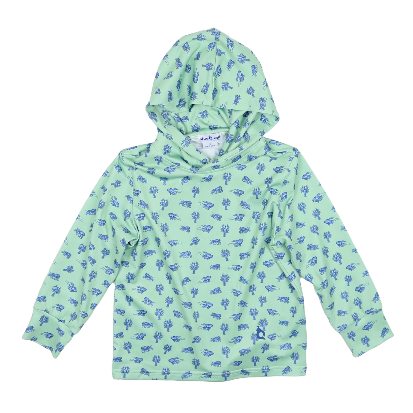 Green hoodie with blue mudbug pattern on it - performance material
