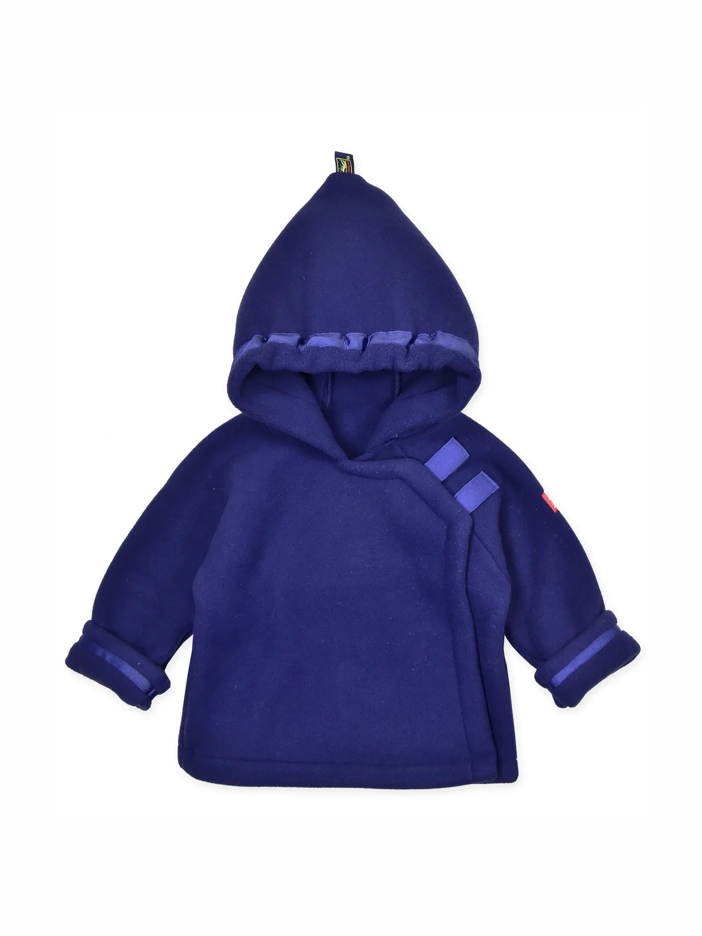 A baby hooded fleece jacket in a deep royal blue color, featuring contrast trim details and a small red embroidered patch on the sleeve, shown against a plain white background.