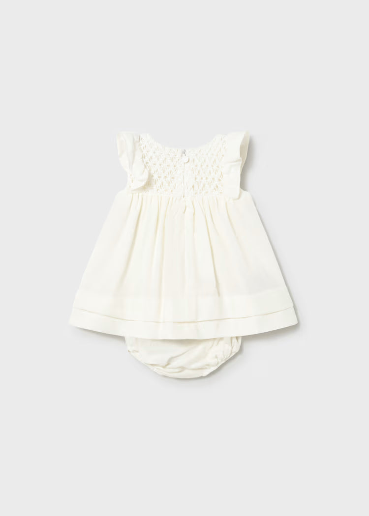 Back view of cream bloomer set with crochet bodice.