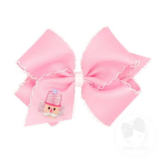 Grosgrain Hair Bow with Pink Nutcracker Embroidery and Moonstitch Edge