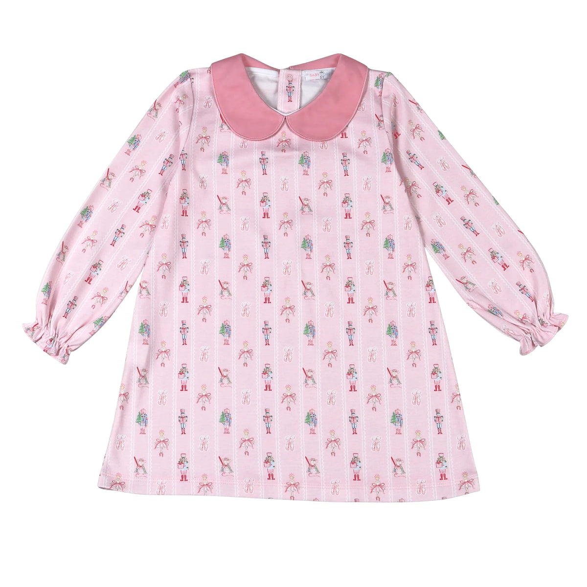 A pink long-sleeve baby dress with a Peter Pan collar, featuring an all-over print of small ballerinas and ballet shoes, displayed on a clean white background.