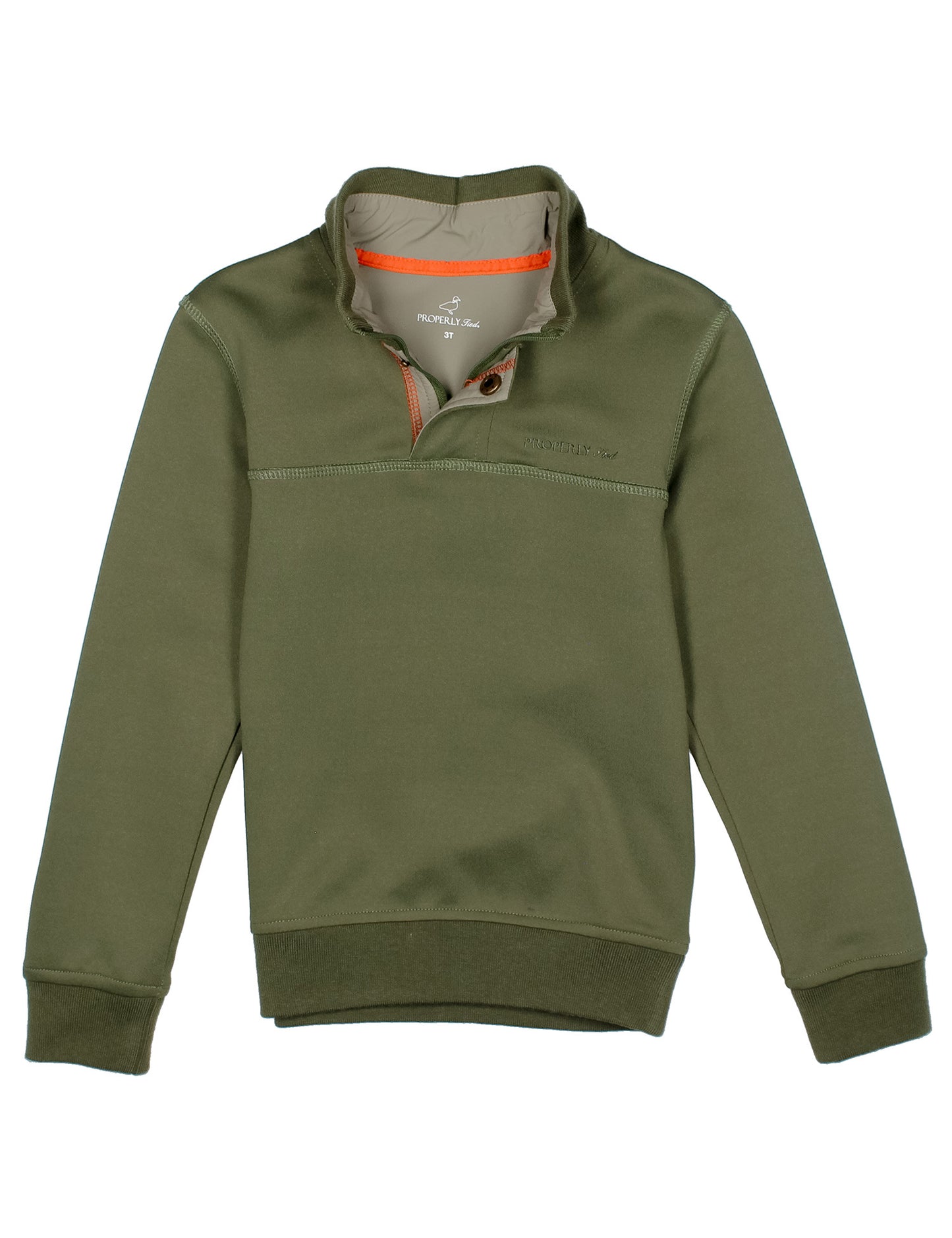 An olive green long-sleeve quarter-zip sweatshirt with a mock neck collar, featuring a horizontal seam across the chest and ribbed cuffs and hem, shown against a plain white background.