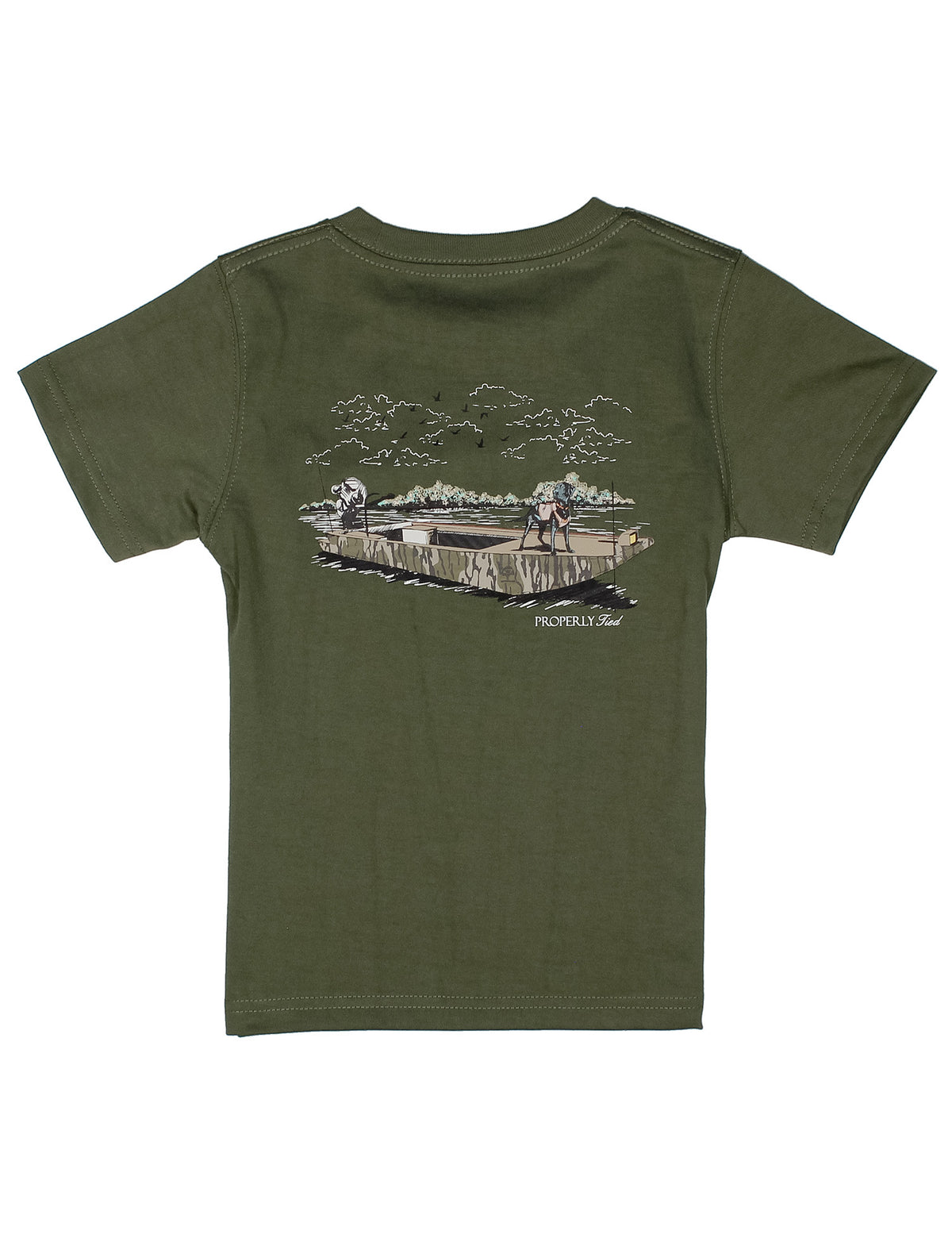 olive short sleeve shirt with camo boat design