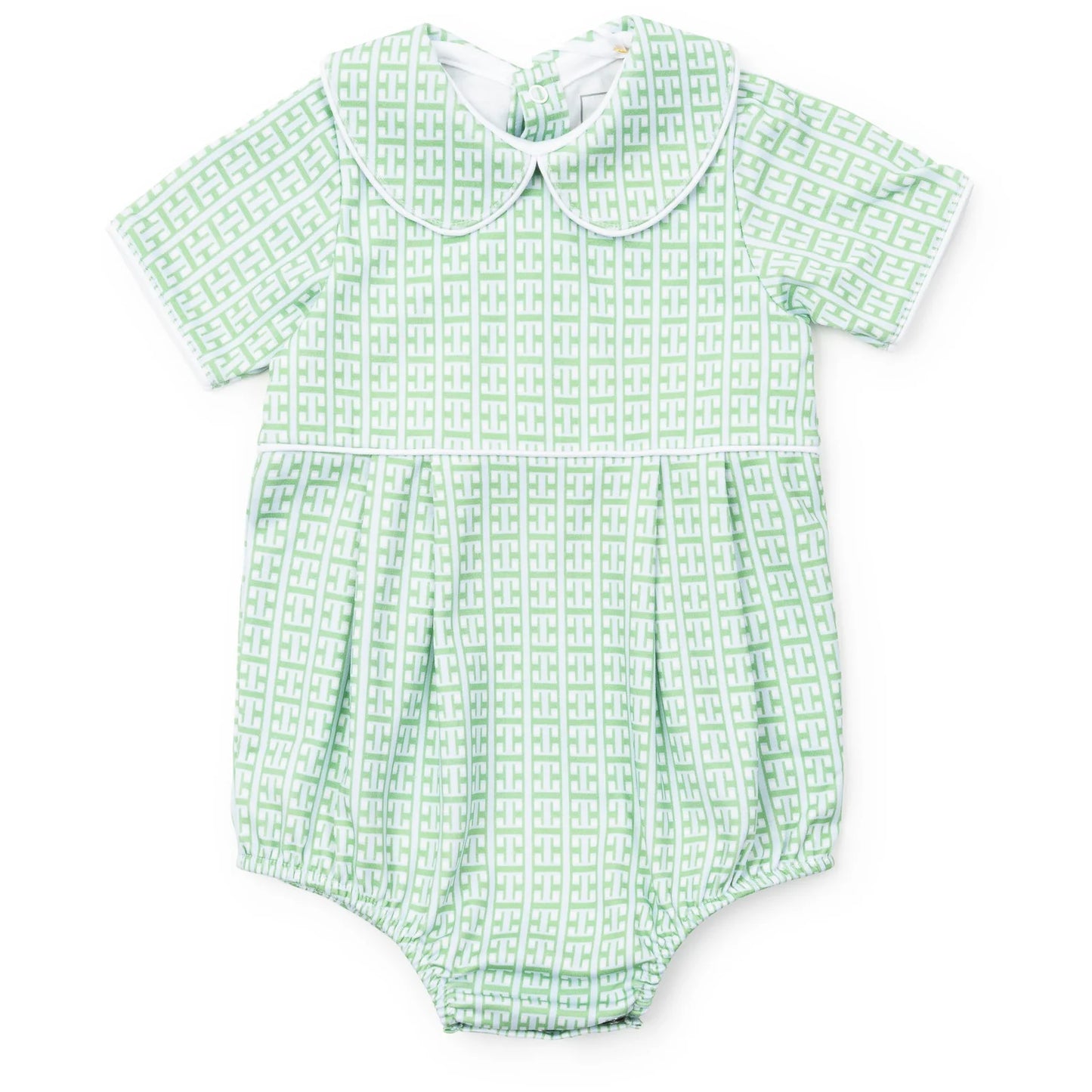 Green and blue checkered baby romper with a collar
