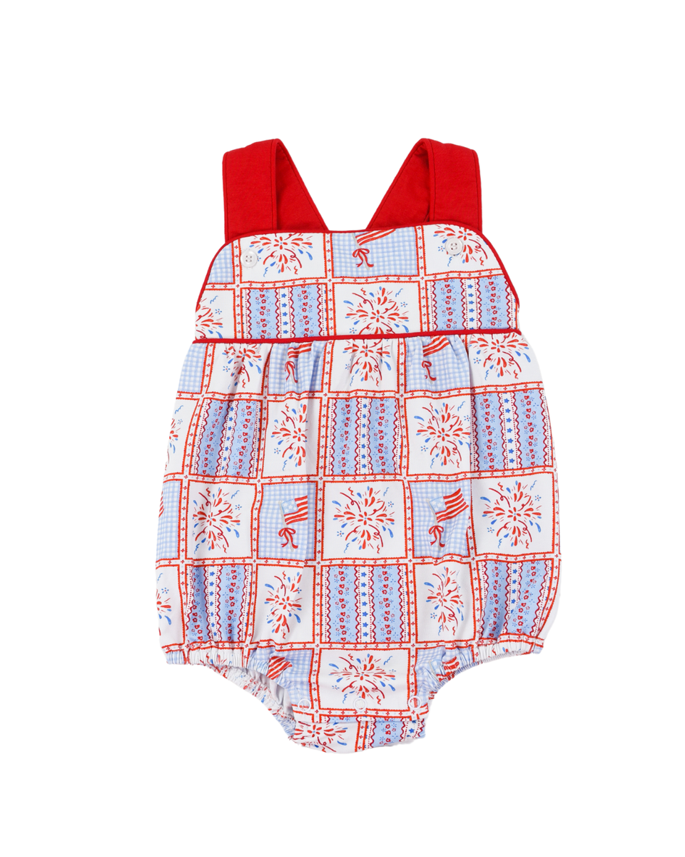 Baby boy bubble with red straps and a pattern of stars and stripes on a white background
