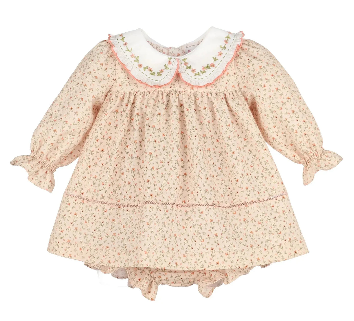 Orange floral dress with white peter pan collar with coordinating collars embroidered around collar