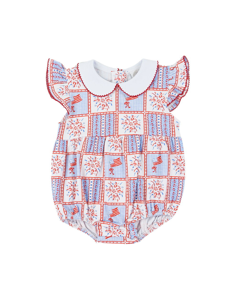 Baby girl bubble with red and blue checkered pattern with fireworks