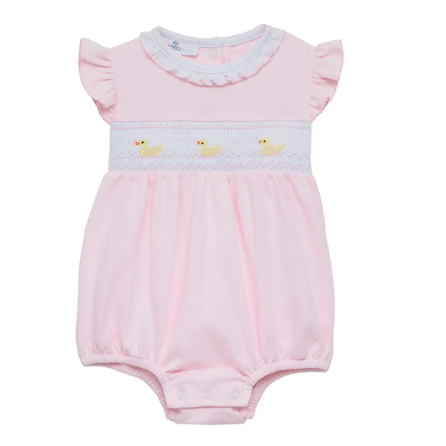 Pink Bubble with smocked ducks and ruffle white collar.