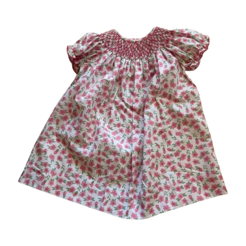 Pink floral bishop dress with smocked collar and short sleeves.