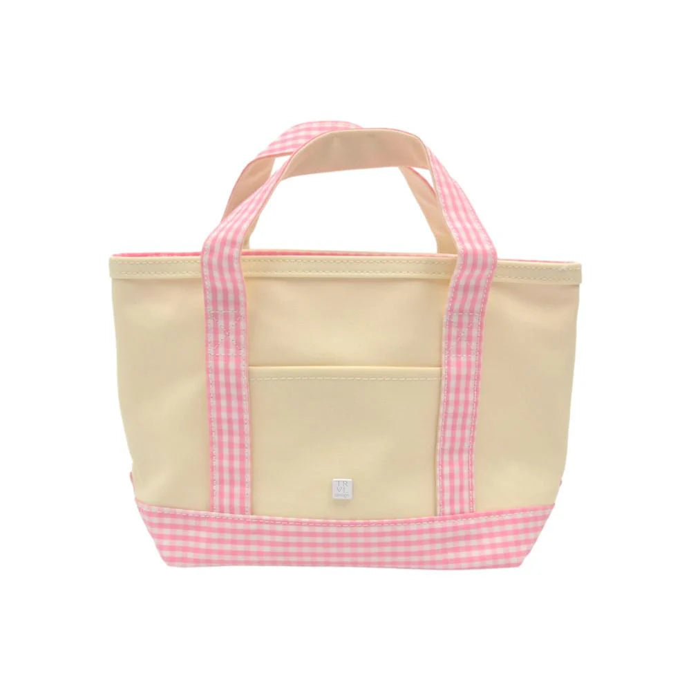 MINI TOTE - COATED CANVAS NATURAL With GINGHAM PINK TRIM