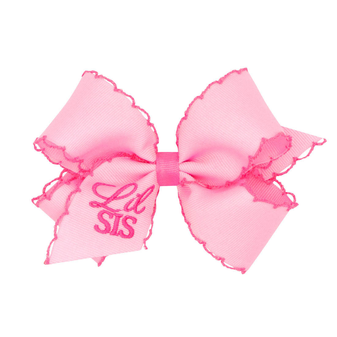 Pink "Lil Sis" Embroidered Grosgrain Hair Bow with Hot Pink Moonstitch Edge