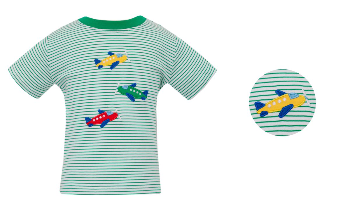 Green and white striped t-shirt with airplane designs