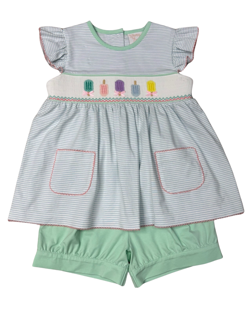 blue and white striped shirt set with smocked popsicles with matching green shorts