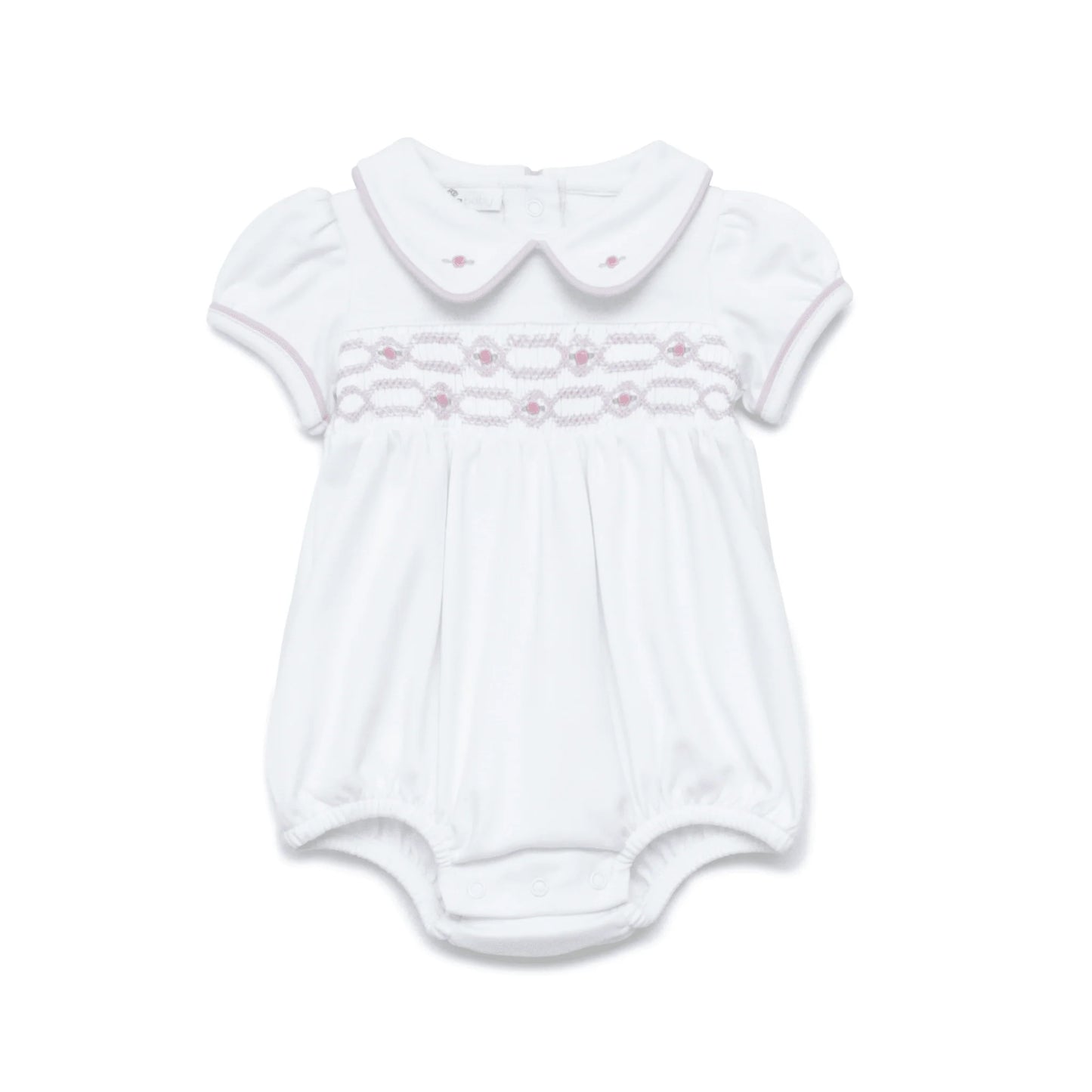 White short sleeve bubble with pink smocking and trim.