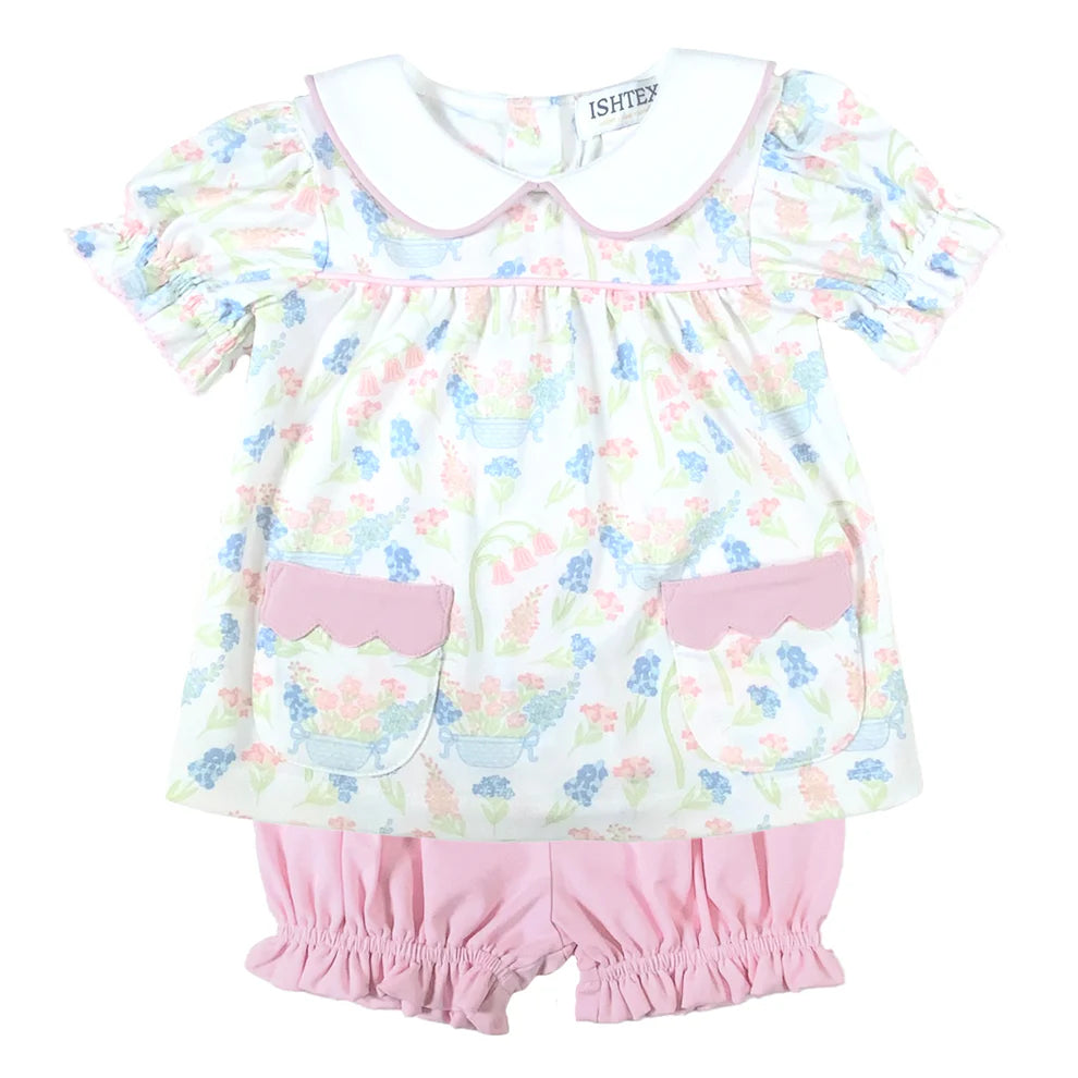 Baby girl's outfit with floral top with white collar and pink trim and matching pink bloomers.