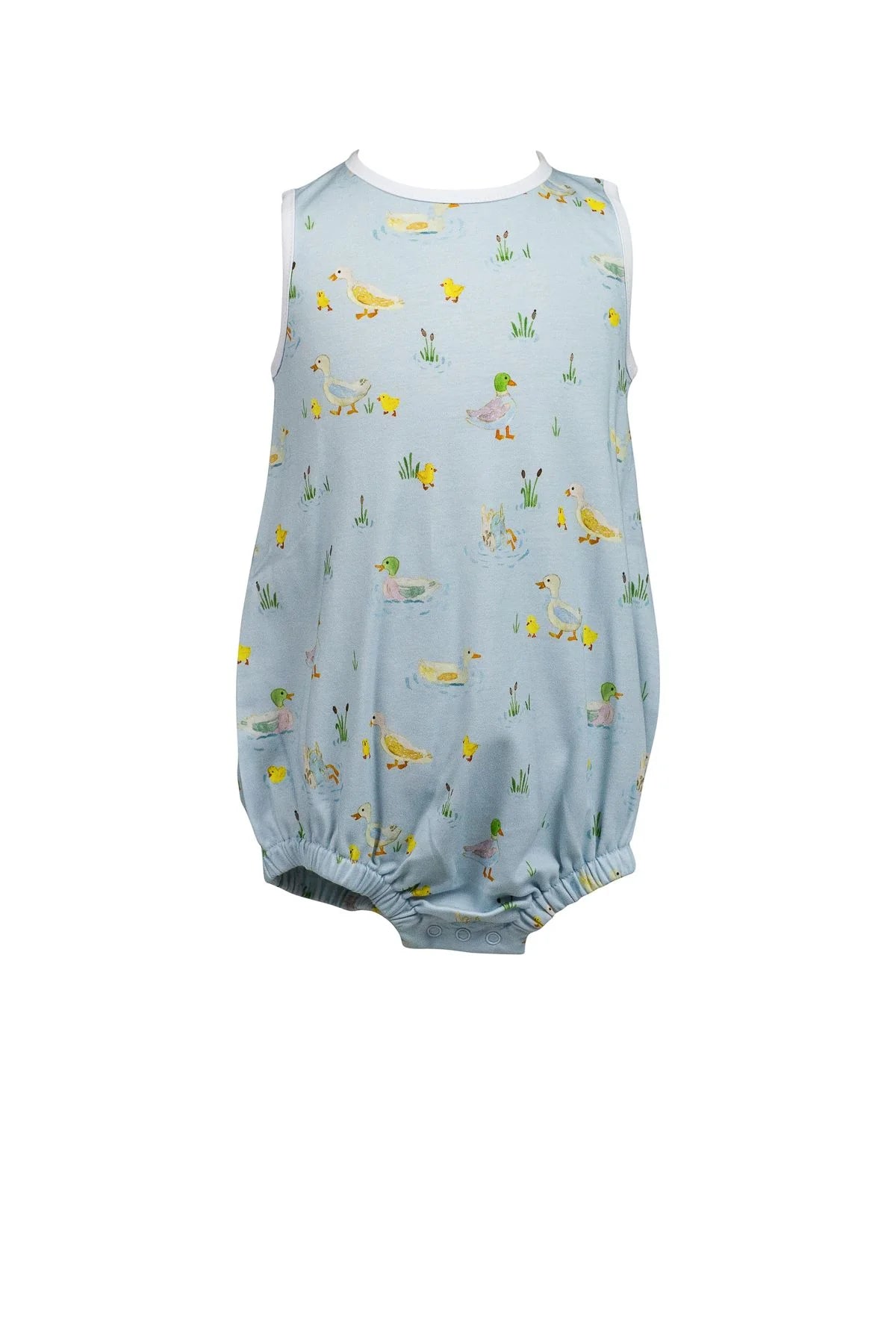 Baby blue boy bubble with different ducks pattern all over with white trim.