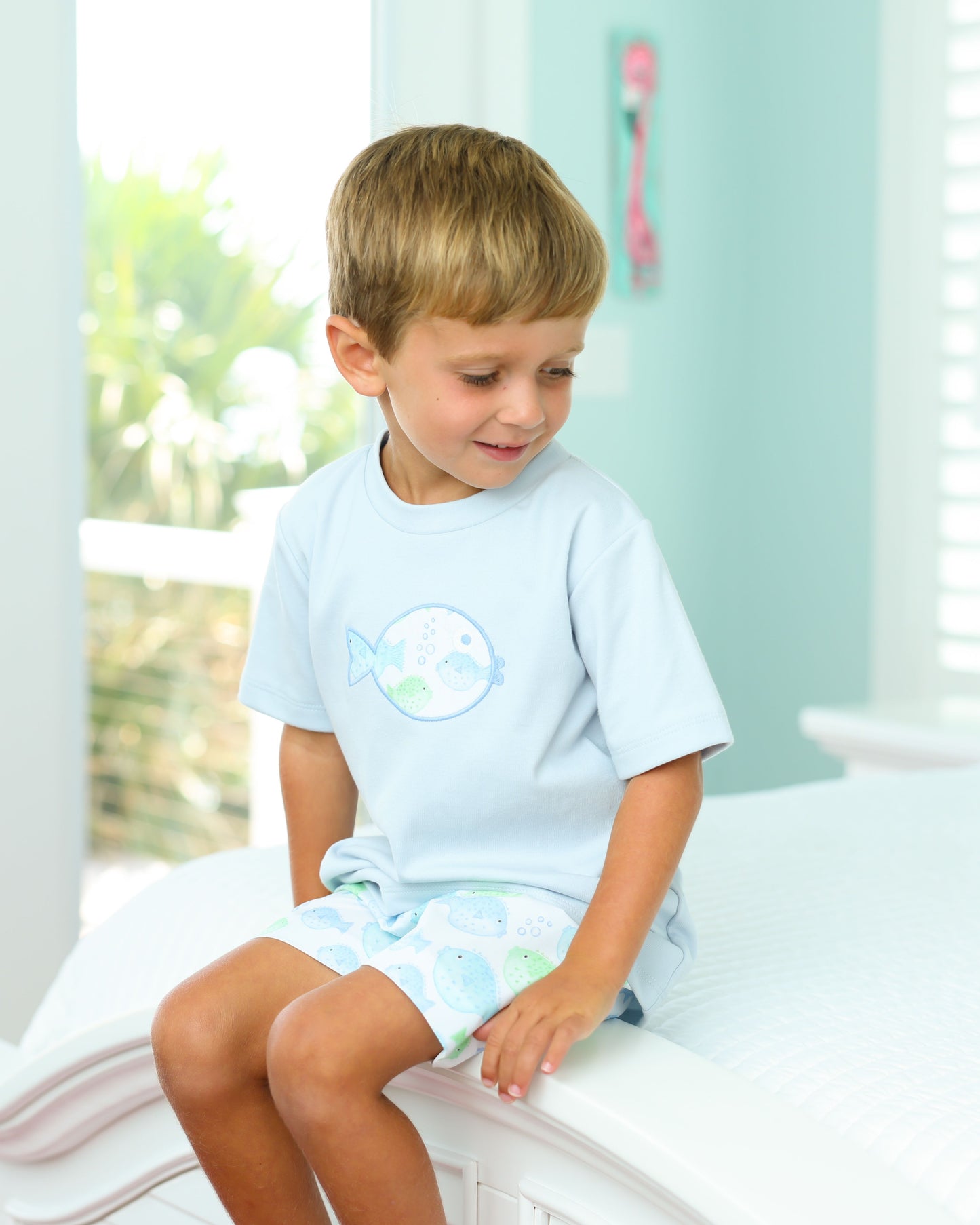 Light Blue Puffer Fish Applique Shirt with white shorts with puffer fish design