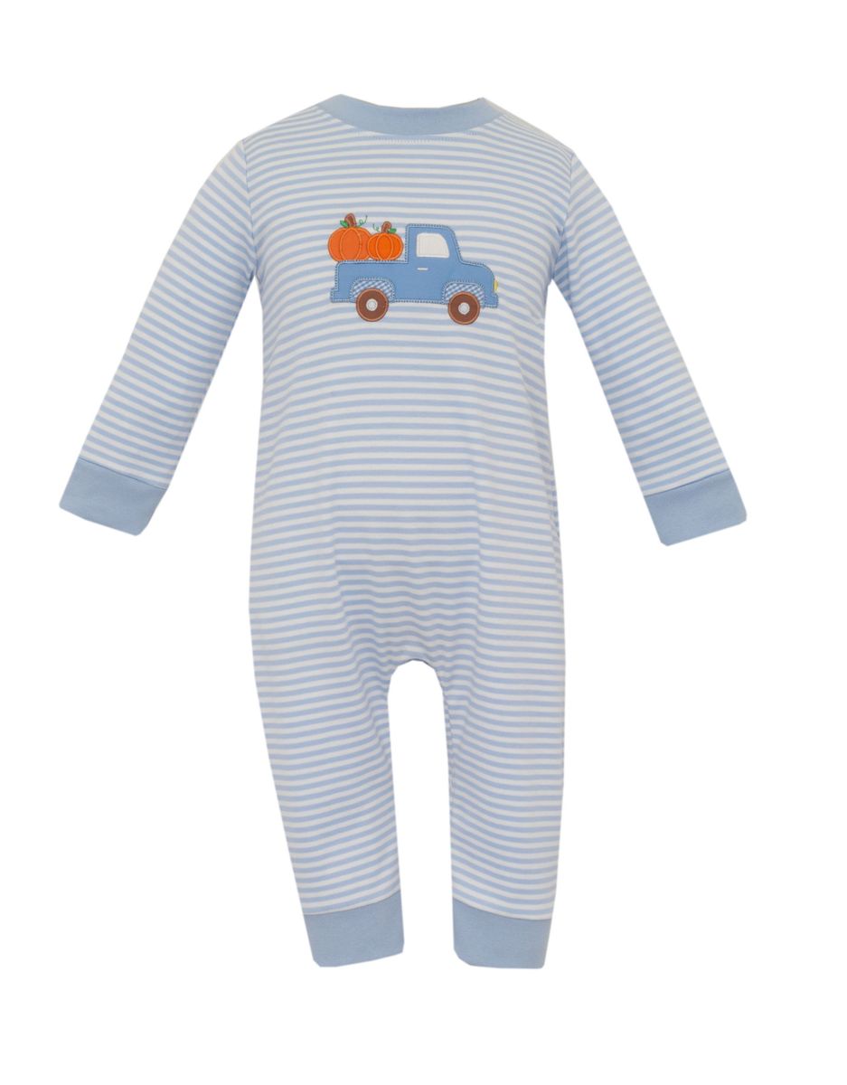 Striped blue baby onesie with a truck and pumpkin design on a white background