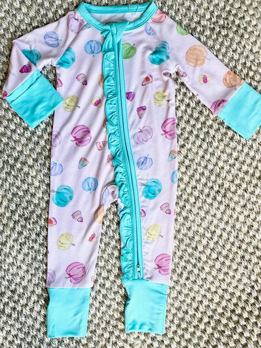 Pink Pumpkin Zipper Onesie W/Ruffle