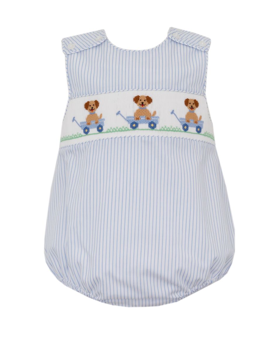 Blue stripe smocked bubble with dogs in a wagon